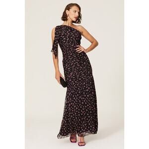Shoshanna Pink Black Floral Vivine Tossed Rose One Shoulder Maxi Gown Dress Sz 6